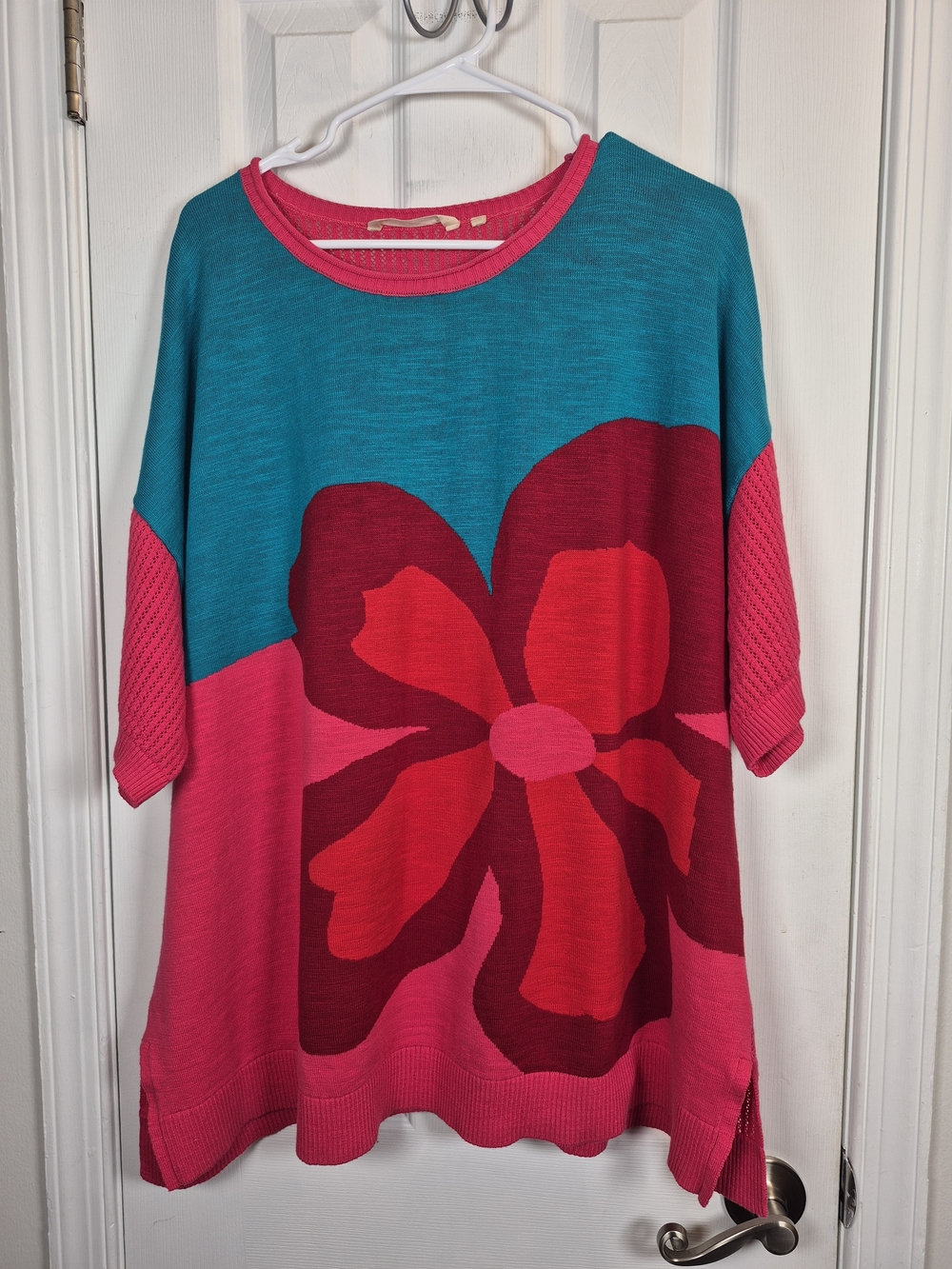 Soft Surroundings Biosphere Flower Knit Sweater Short Sleeve Boho Y2K Vibrant 2X